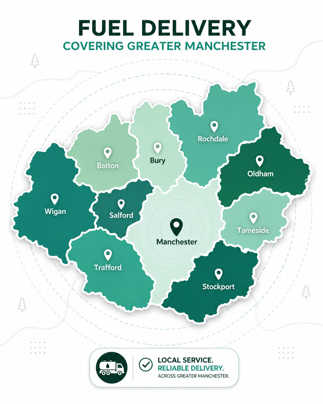 Map showing White Diesel and DERV delivery coverage across Greater Manchester